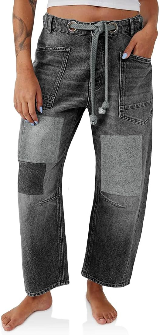 PLNOTME Womens Baggy Barrel Horseshoe Jeans Wide Leg Patchwork Low Rise Denim Pants with Pockets | Amazon (US)