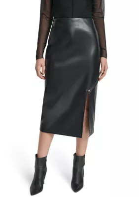 DKNY Women's Faux Leather Midi Skirt, Black, 8 | Belk