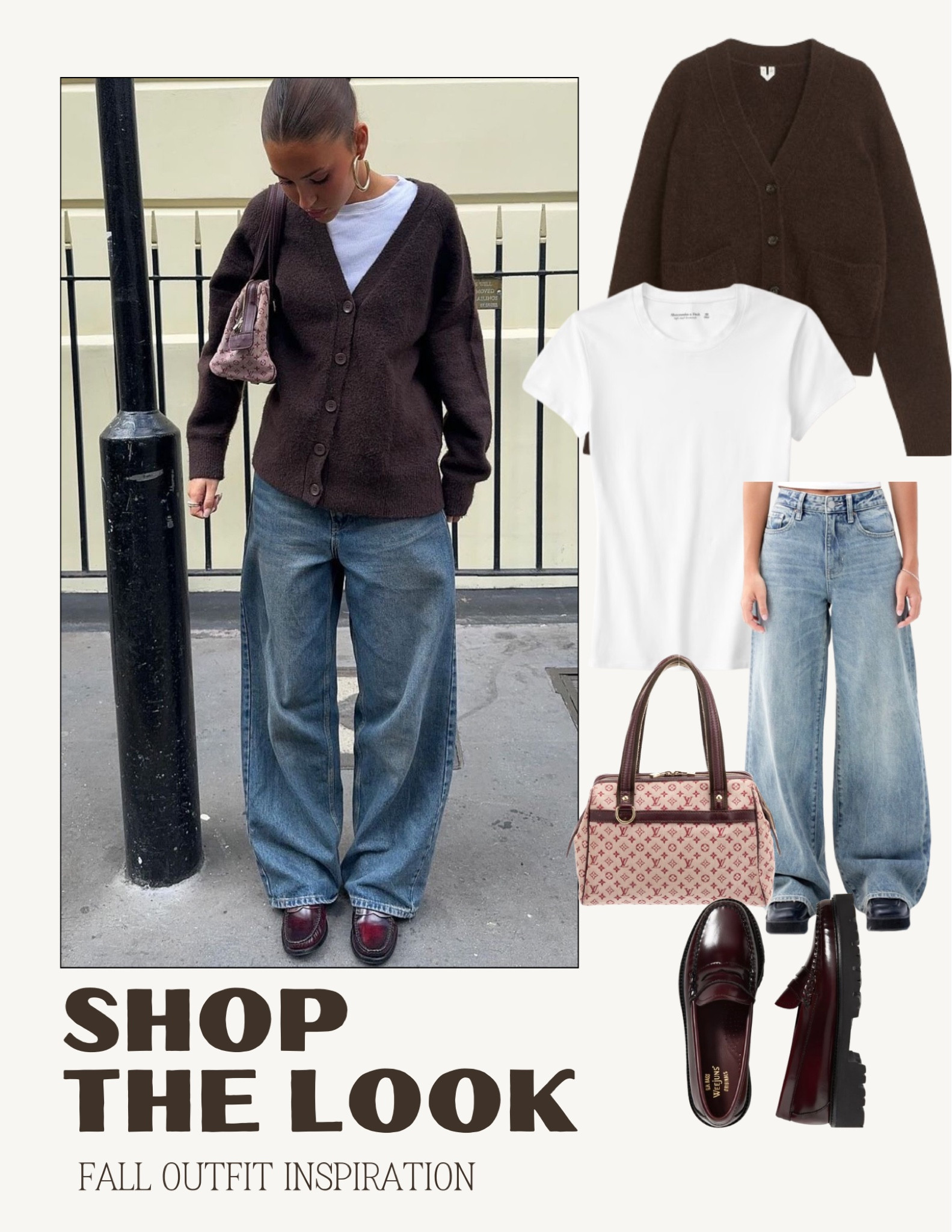 Fall fashion outfit: oversized veck cardigan, baggy jeans/boyfriend jeans, burgundy loafers, vintage Louis Vuitton monogram bag, white tee

#LTKStyleTip #LTKSeasonal