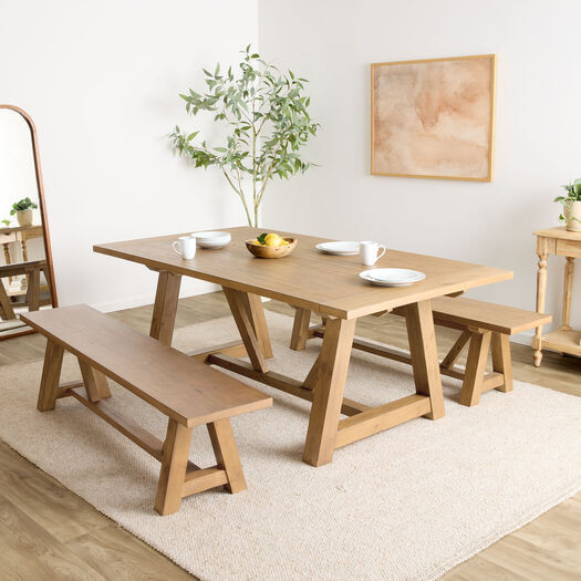 Leona Wood Farmhouse 3 Piece Extension Dining Set with Benches by World Market | World Market