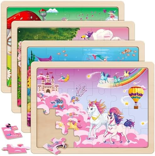 Large Unicorn Mermaid Princess Fairy Wooden Kids Puzzles 4 in 1 Gift Box(12.2 * 9.4 in), Wood Puz... | Amazon (US)