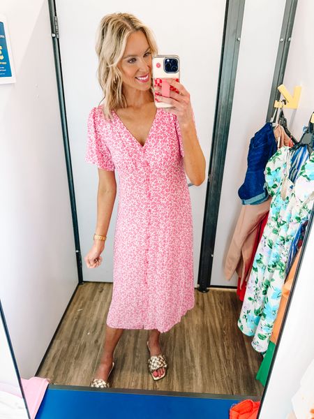 How pretty is this pink printed midi dress? Perfect for spring and summer! 

Old Navy dress / Old Navy try on / v neck dress / feminine style / braided sandals 

#LTKfindsunder100 #LTKfindsunder50