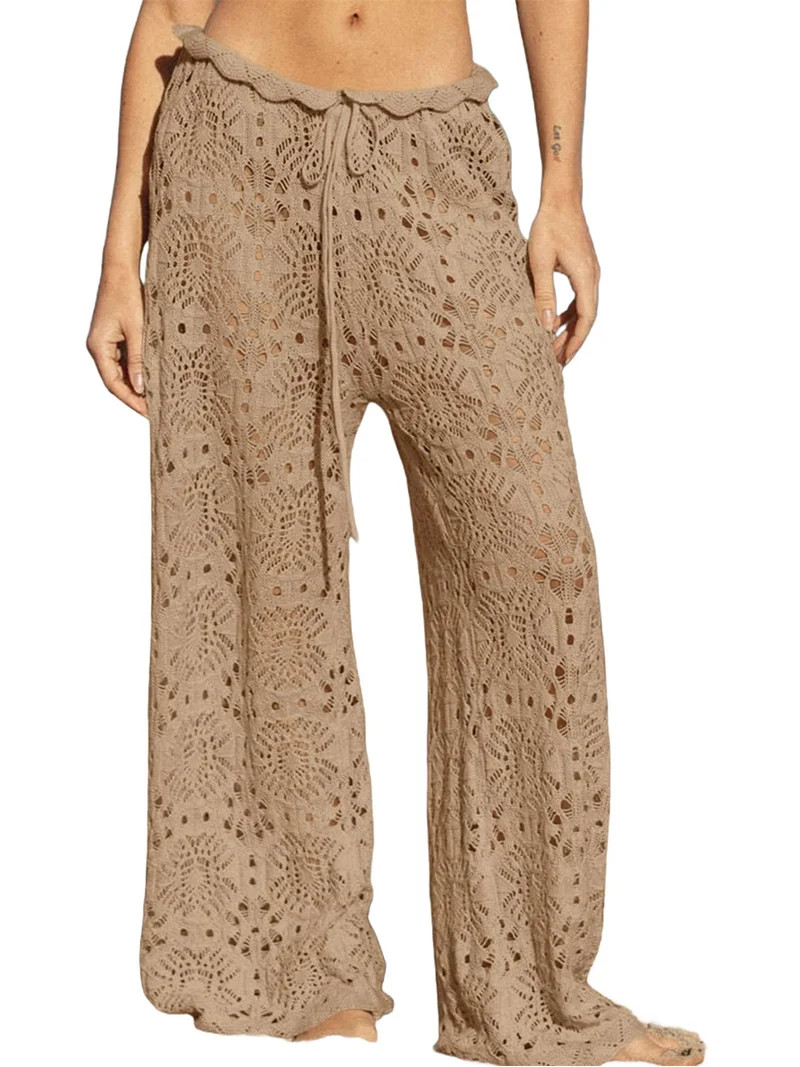 Womens Crochet Swimsuit Coverup Pants High Waisted Drawstring Sexy Sheer Mesh Knit Wide Leg Beach... | Walmart (US)