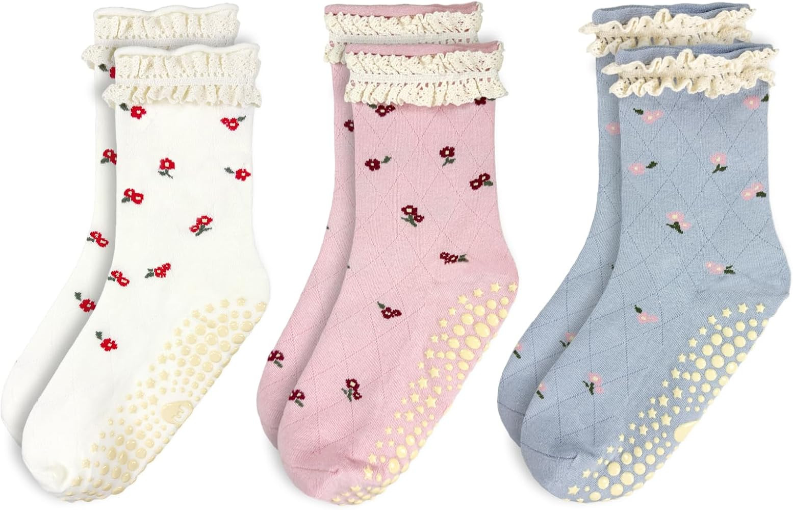 3 Pairs Pilates Grip Ankle Socks for Women – Cute Floral Ruffle Yoga Socks, Non Slip Barre Grip... | Amazon (US)