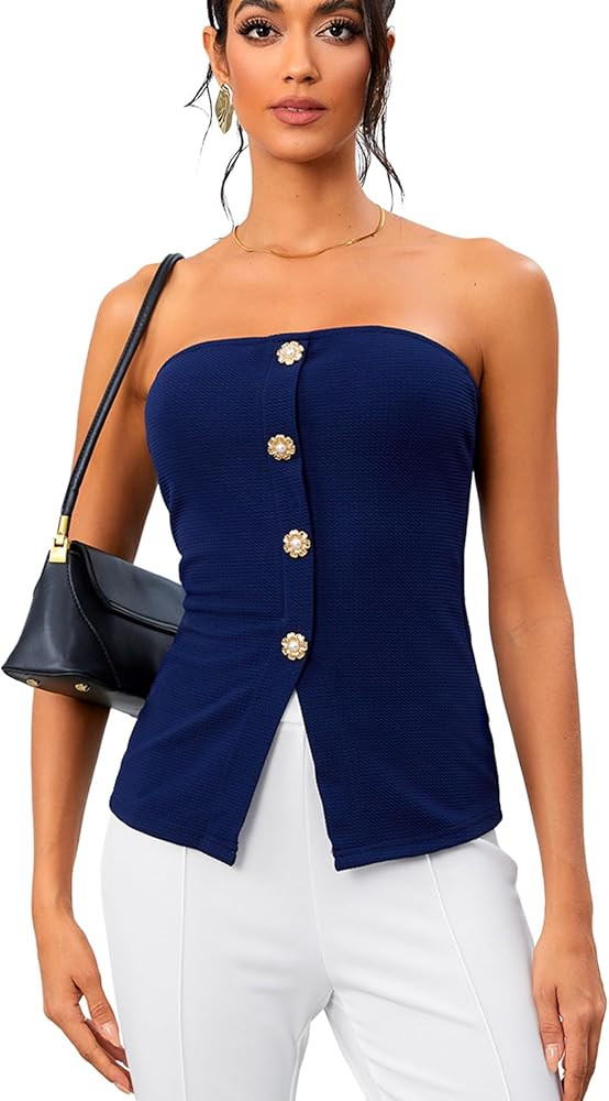 OYOANGLE Women's Button Front Slit Hem Tube Top Strapless Textured Slim Fit Tops | Amazon (US)