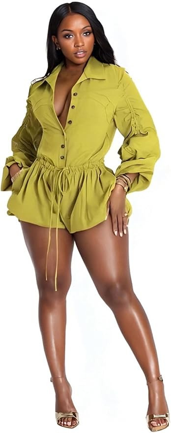 Famnbro Womens Summer Rompers Long Sleeve V Neck Drawstring Bubble Short Cute Jumpsuit One Piece ... | Amazon (US)