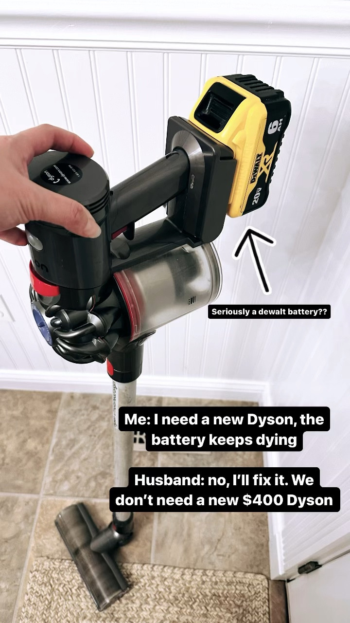 I’ve had my Dyson for a long time and the battery kept going dead super fast. I couldn’t even vacuum the kitchen, it literally only held a charge for less than a minute. 

I told the husband and he said nope we’re not buying another one right now. So, he fixed! 

He bought an adapter for it and now we use a dewalt battery😂 and it works amazing! 

Make sure when ordering you look for the model that you have

#LTKhome #LTKsalealert #LTKmens