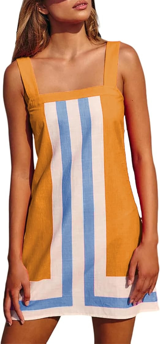 Fiona Jolin Women's Striped Mini Dress Boho Shoulder Strap Sundress Summer Cover Up Dress for Bea... | Amazon (US)