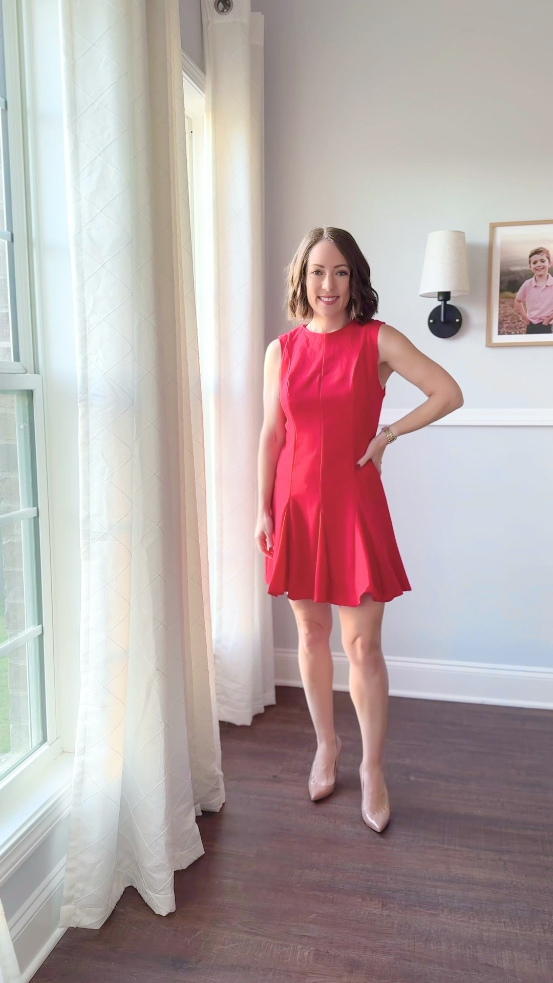 Loving this vibrant red dress for the upcoming holiday season! Wearing size small and it runs just slightly large. I would size down if you are in between sizes  
