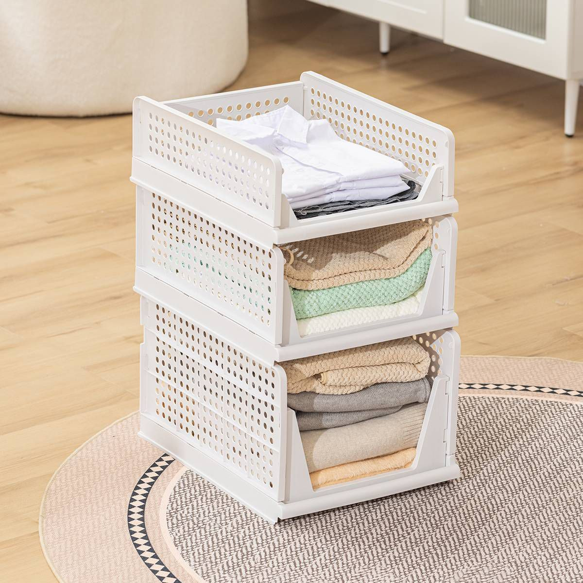 VUSIGN 4pk Stackable Plastic Storage Basket Large Foldable Closet Organizers Light Beige | Target
