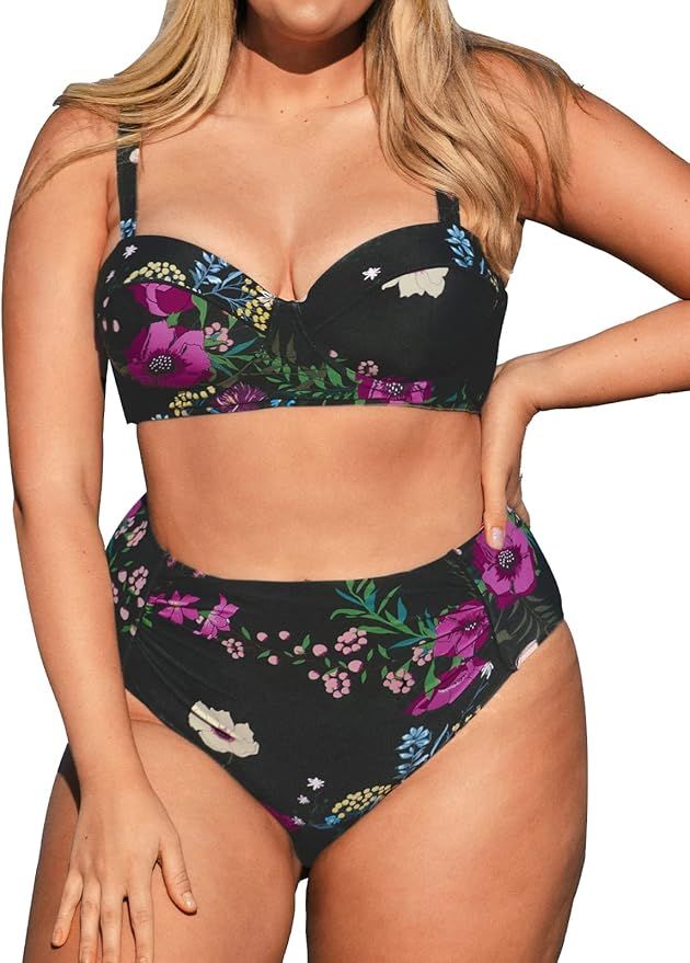 CUPSHE Women's Plus Size Bikini Swimsuit Push up Floral High Waisted Two Piece Bathing Suit | Amazon (US)