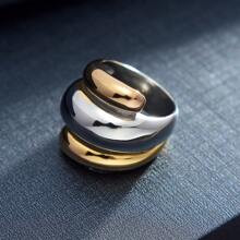 1pc Women's Stainless Steel Ring, Gold Plated Two-Tone Curved Smooth Band | SHEIN