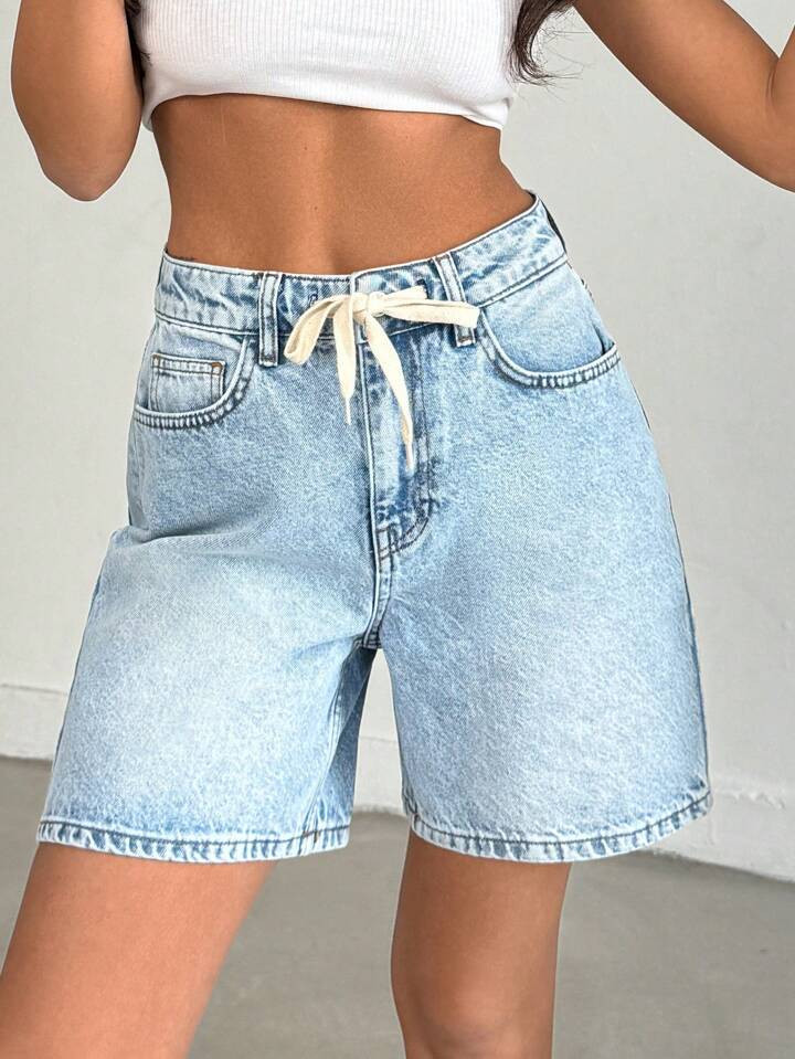 SHEIN Women's Casual Tie-Front Pocket Denim Shorts, Everyday Wear Women S Jean Shorts Women S Summer Outfits Shorts For Women Denim | SHEIN