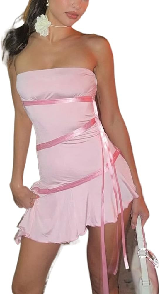 NUFIWI Women Strapless Fairy Mini Dress Off Shoulder Sexy Tube Top Short Dress Sleeveless Ruffle ... | Amazon (US)