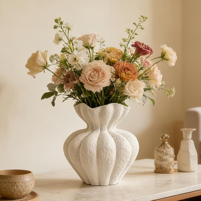 White Ceramic Vase, 8.2 Inch Modern Boho White Flower Vase for Home Decor, Unique Vase for Farmho... | Amazon (US)