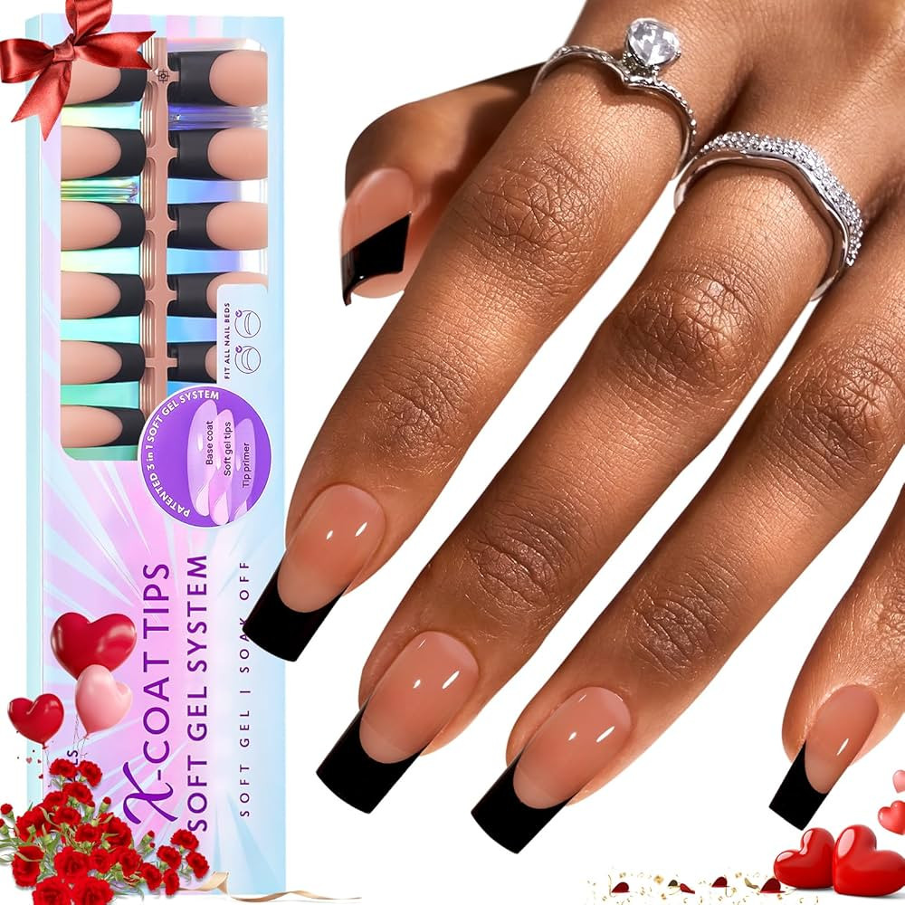 btartboxnails XCOATTIPS French Tip Nails - Long Press on Nails, Square Nail Tips Black, Soft Gel ... | Amazon (US)