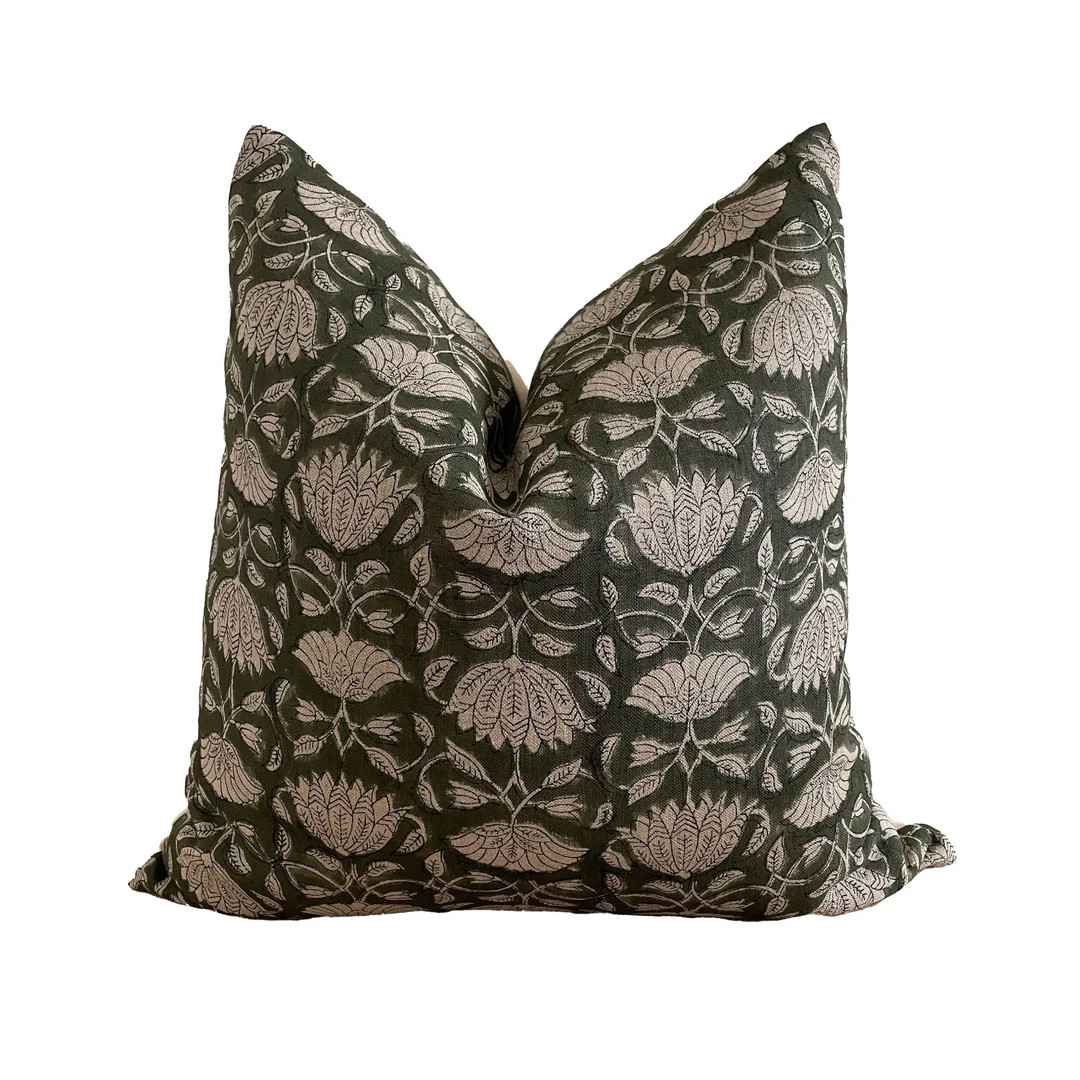 Green Block Print Pillow Cover Natural Linen Floral Print - Etsy | Etsy (US)