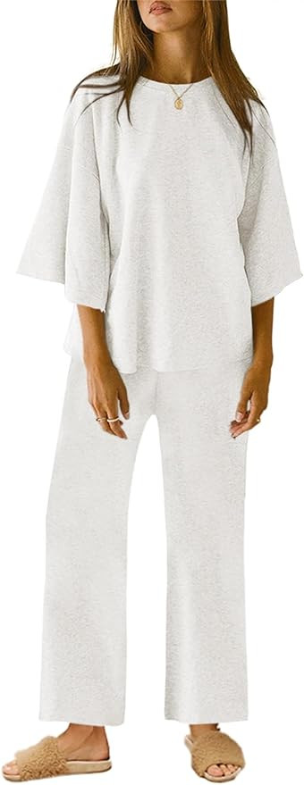 Tankaneo Womens 2 Piece Outfits 3/4 Sleeve Tops and Elastic Waist Pants Casual Lounge Sets | Amazon (US)
