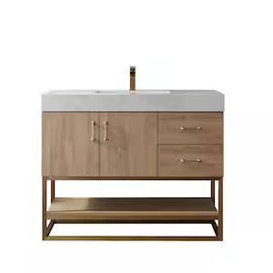 Alistair 42 in. W x 22 in. D x 33.9 in. H Bath Vanity in Oak with White Grain Stone Vanity Top with  | The Home Depot