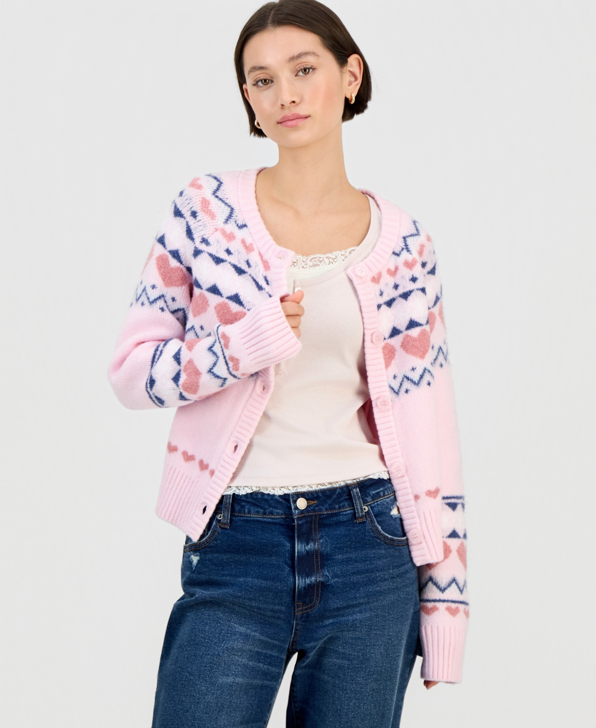 Planet Heart Juniors' Bow Fair Isle Cardigan Sweater - Ballet Slipper | Macy's