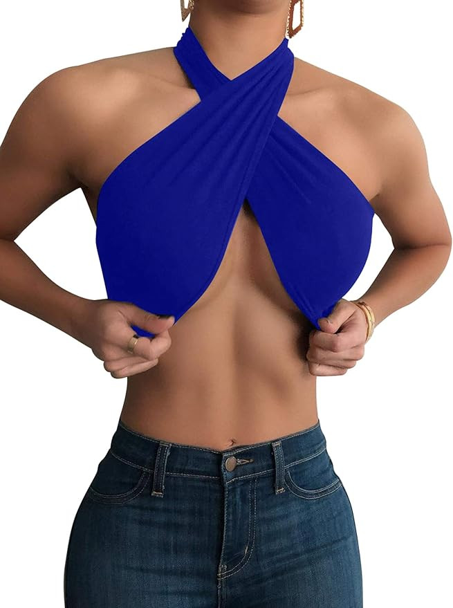 Mokoru Women's Sexy Sleeveless Halter Criss Cross Tank Crop Tops Self Tie Backless Cami | Amazon (US)