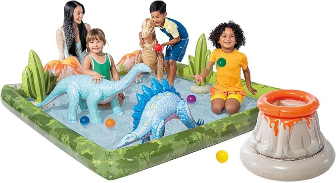 INTEX Jurassic Adventure Inflatable Kiddie Pool with Water Sprayer, Slide & Dinosaurs - 79" x 79"... | Amazon (US)