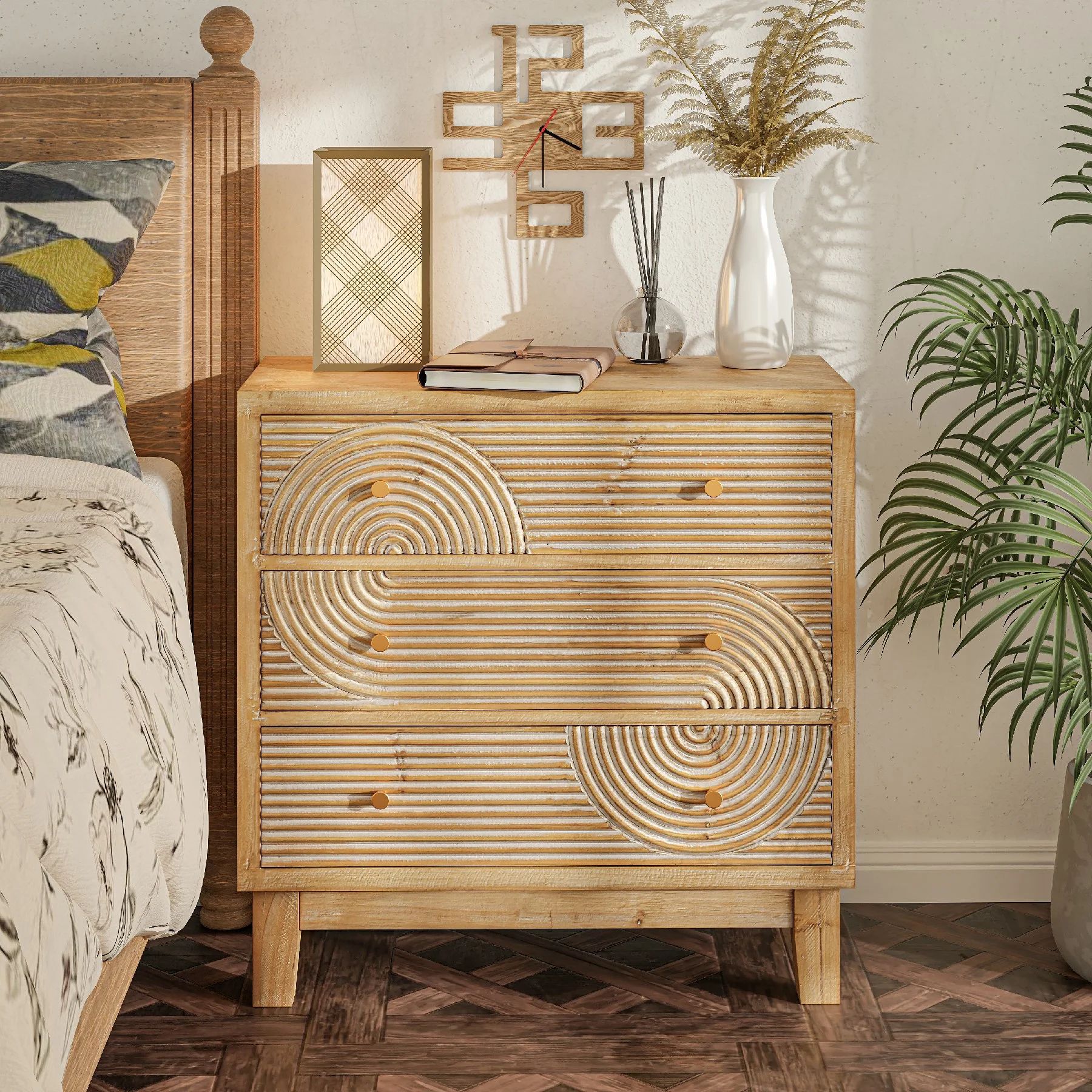 COZAYH 3-Drawer Farmhouse Dresser with Handicraft Wood Ring Motif, Fully Assembled Nightstand ... | Walmart (US)