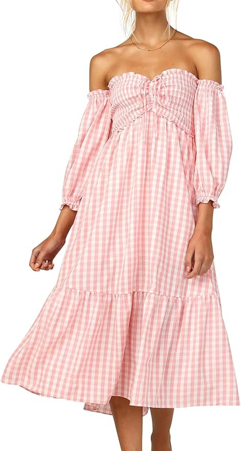R.Vivimos Summer Dress for Women Cotton Plaid Puff Sleeves Boho Off-Shoulder Casual Ruffled Flowy... | Amazon (US)