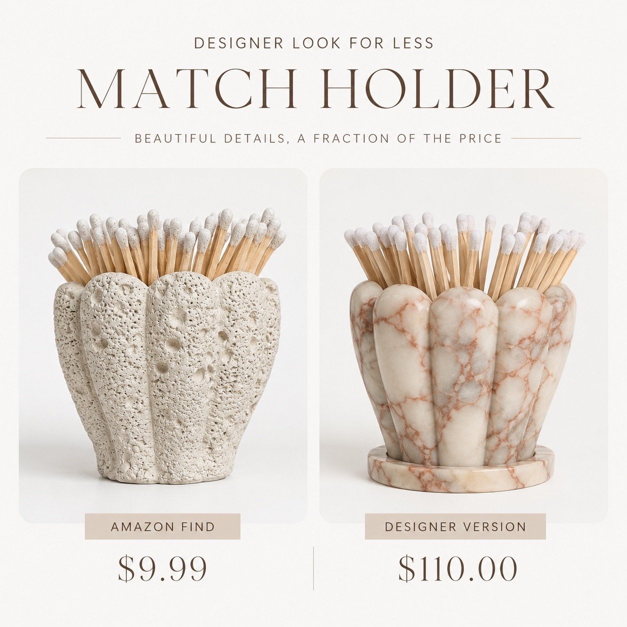 Designer Match Holder Dupe

Found the prettiest designer-inspired match holder for under $10 and honestly it looks so high-end styled next to candles, coffee table books, or on a kitchen counter. Such a good neutral home decor find that gives the luxe look for way less. Linking both the affordable find and the designer-inspired version here.

#LTKHome #LTKSaleAlert
