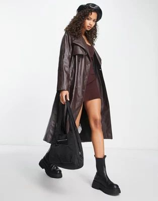 Bershka faux leather trench coat in brown | ASOS (Global)