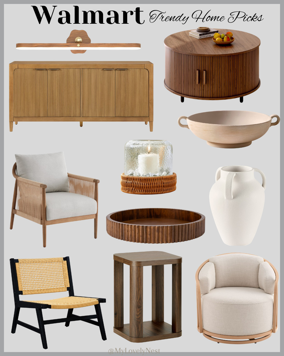 Trendy Home Pics from Walmart.

Ceramic Low Stone Distressed Bowl, Ribbed Wood Decorative Tray, White Handled Ceramic Vase,  Decorative Clear Hammered Glass Hurricane Pillar Candle Holder with Brown Woven, End Table, Mounted Reading Lights,Fluted Buffet Cabinet Sideboard, Swivel Birdcage Accent Chair, Upholstered Boucle Accent Chair, Round Coffee Table with Storage.  

 #LTKSeasonal #LTKHome #LTKSaleAlert