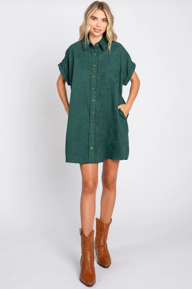 Forest Green Ribbed Button Down Mini Dress | PinkBlush Maternity