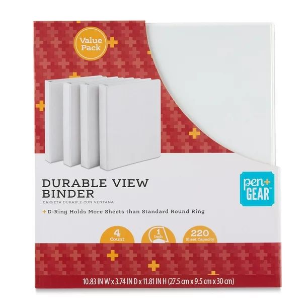 Pen+Gear Durable View 3-Ring Binder, 1" D-Rings, White, 4-Pack | Walmart (US)