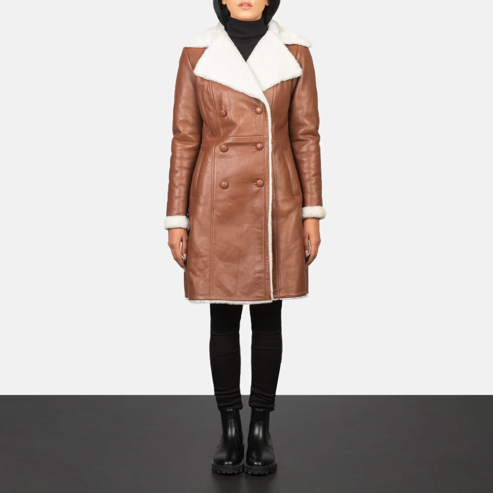 Women's Amie Brown Double Breasted Shearling Coat | The Jacket Maker