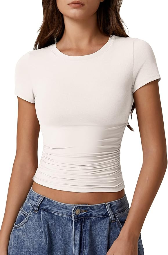 QINSEN Short Sleeve Shirts for Women Round Neck Basic Double Lined Tees Fitted Y2k Crop Tops | Amazon (US)