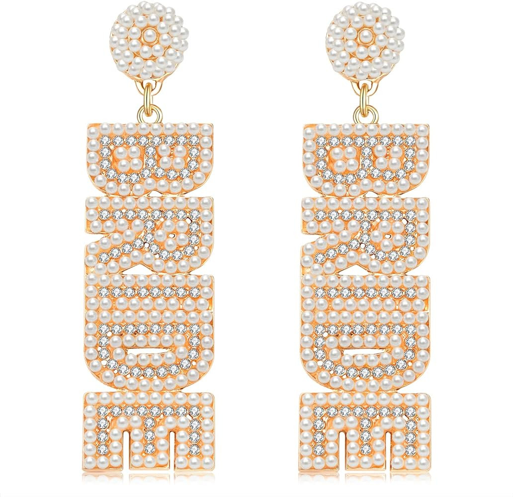 Rhinestone Bride Earrings for Women Handmade Beaded BRIDE Letter Dangle Earring Wedding Bridal Ea... | Amazon (US)