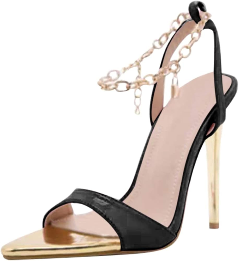 Pointed-Toe Chain Lace-Up High-Heeled Sandals Open Toe Gold Stiletto Heels Fashionable Temperament D | Amazon (US)