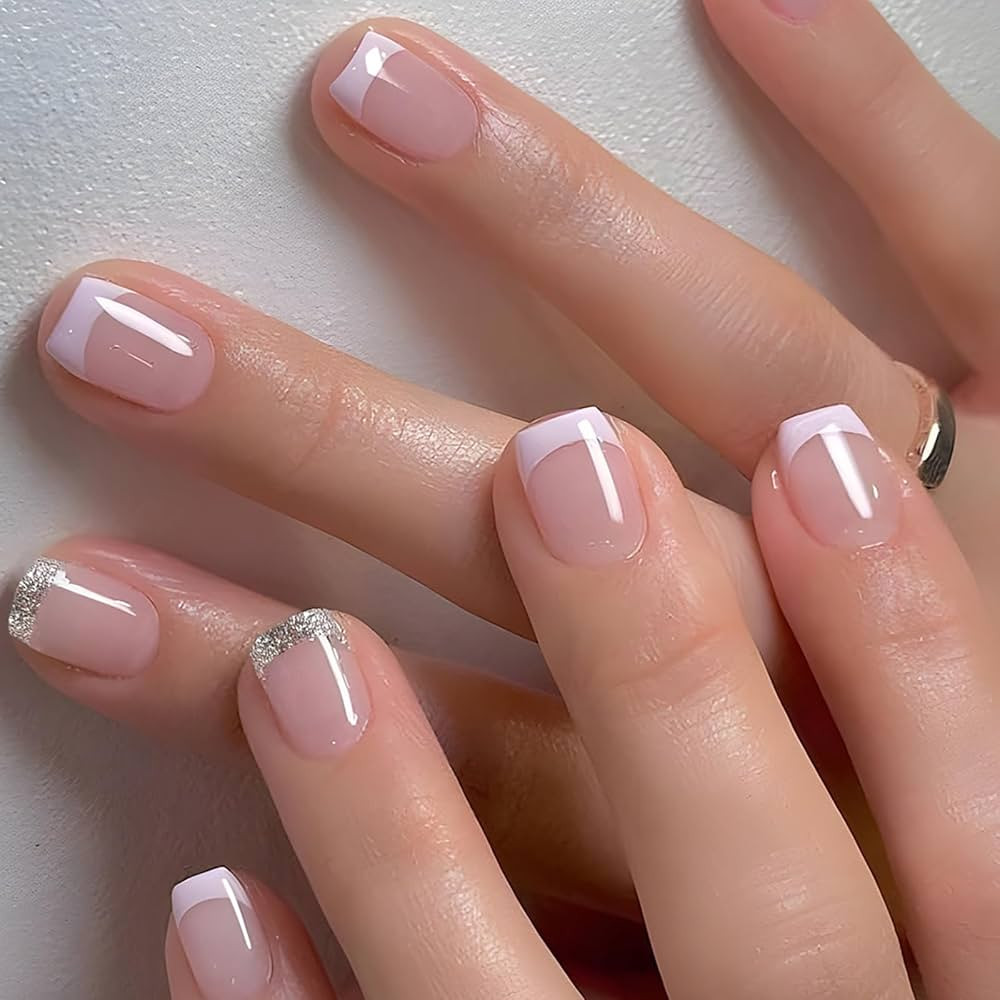 French Tip Glitter Short Square Fake Nails - Pink & White Glossy Design, Sparkly False Nails Glue... | Amazon (US)