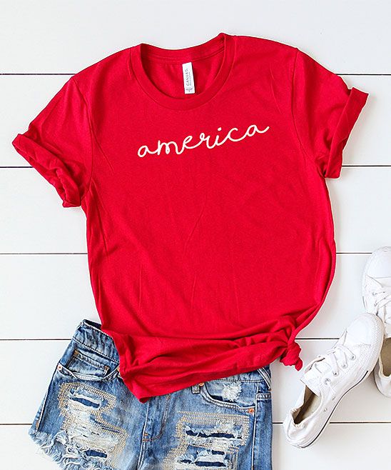 Simply Sage Market Women's Tee Shirts Red - Red & White 'America' Cursive Crewneck Tee - Women | Zulily