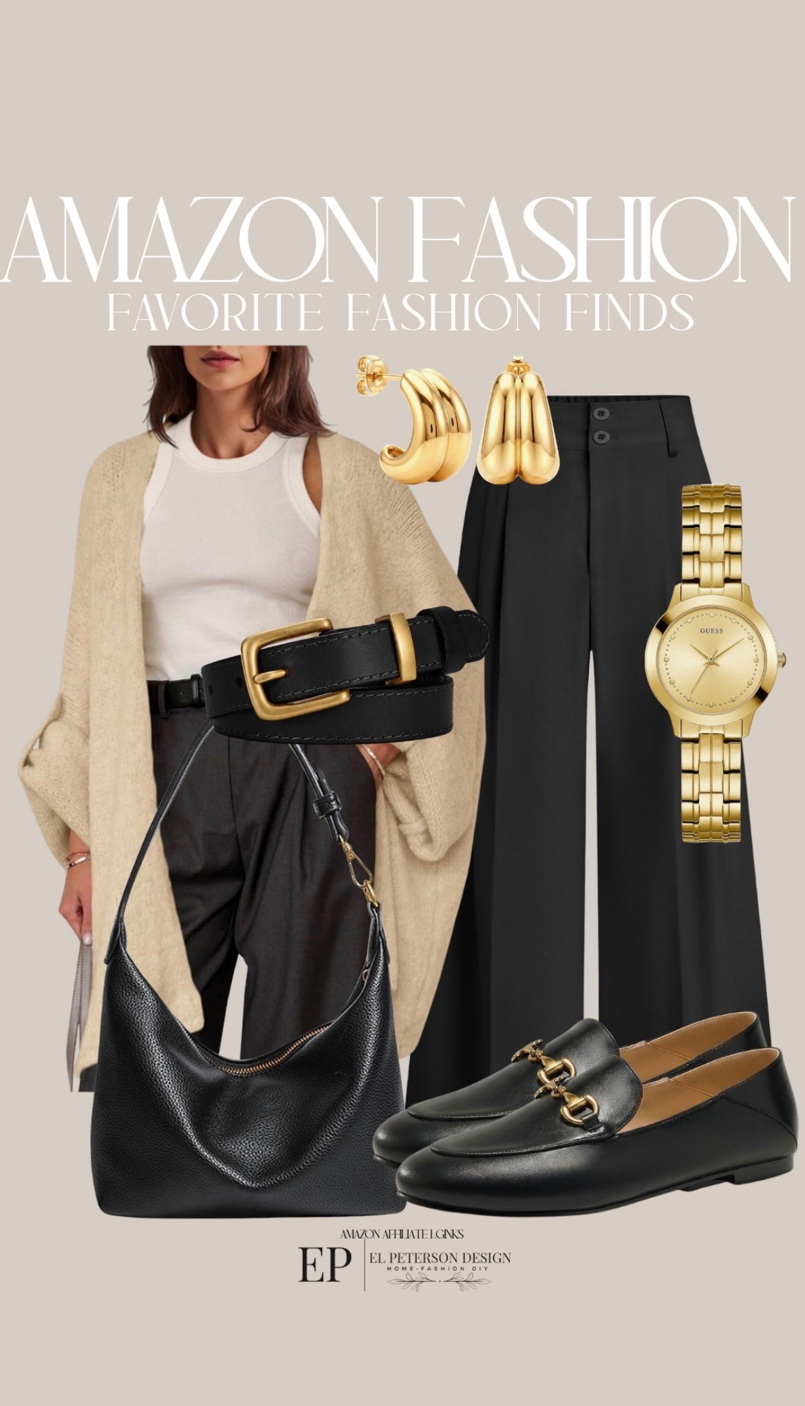 Amazon 
Cardigan
Pants
Watch
Earrings
Belt
Loafers
Purse