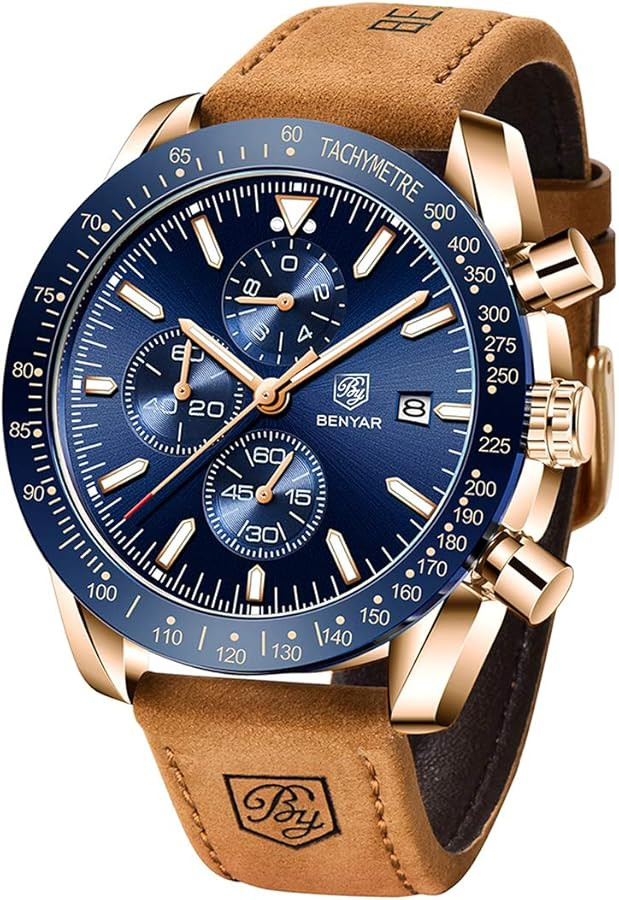 BENYAR Classic Fashion Quartz Chronograph Watch Casual Sport 30M Waterproof Leather Band Mens Wat... | Amazon (US)