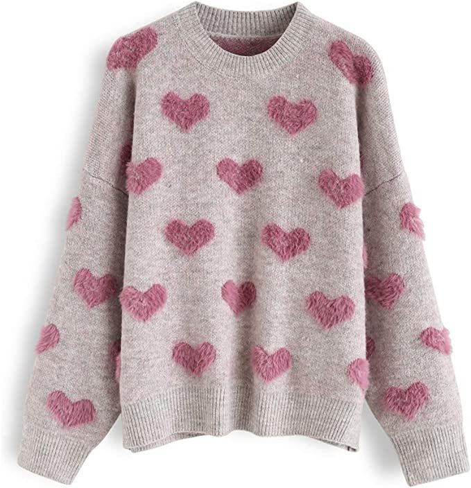 CHICWISH Women's Comfy Casual Pink Fuzzy Hearts Knit Sweater Pullover Sweatershirt | Amazon (US)