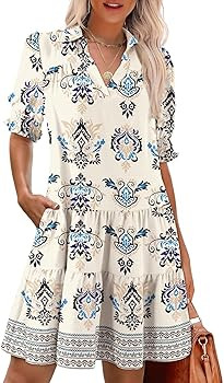 Dokotoo Casual Dresses for Women Lapel Collared V Neck Mid Sleeved Pleated Summer Dresses for Wom... | Amazon (US)