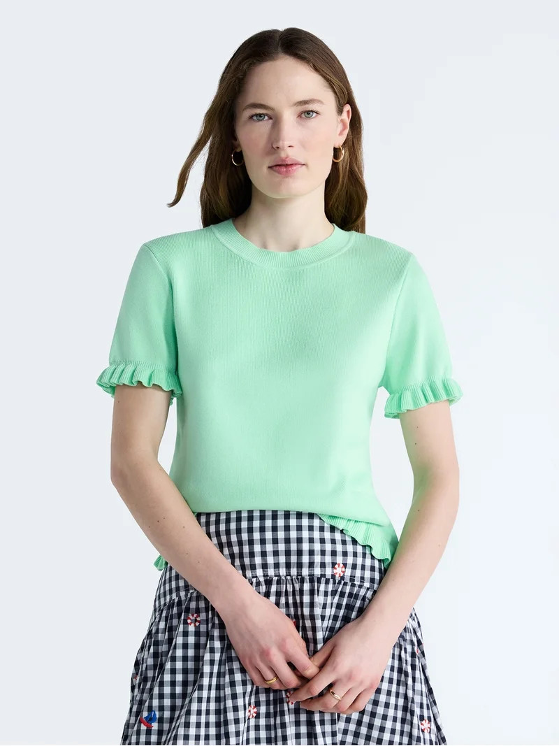 Free Assembly Women’s Ruffle Trim Sweater with Short Sleeves, Lightweight, Sizes XS-XXL | Walmart (US)