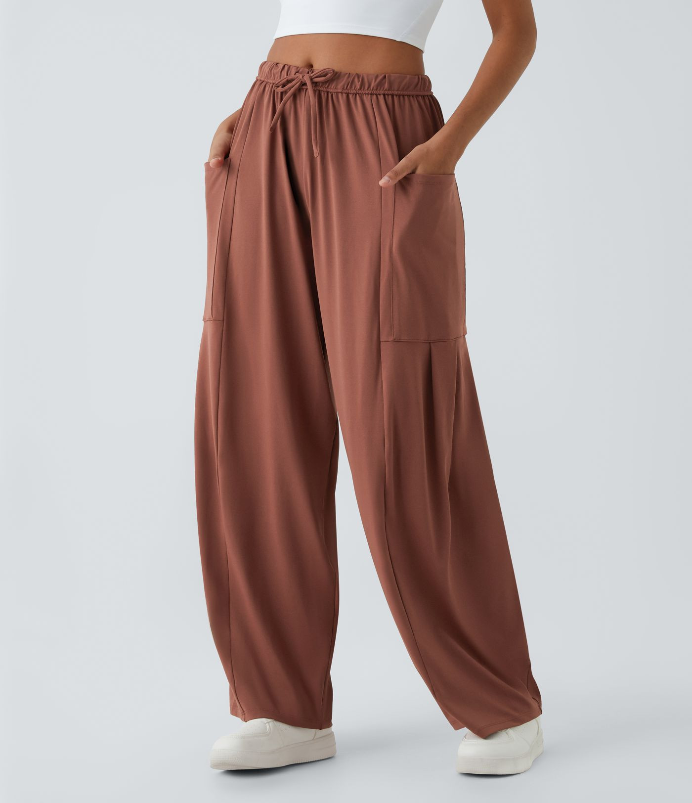 Women’s Mid Rise Elastic Waistband Drawstring Pocket Palazzo Flowy Wide Leg Casual Pants - Hala... | HALARA