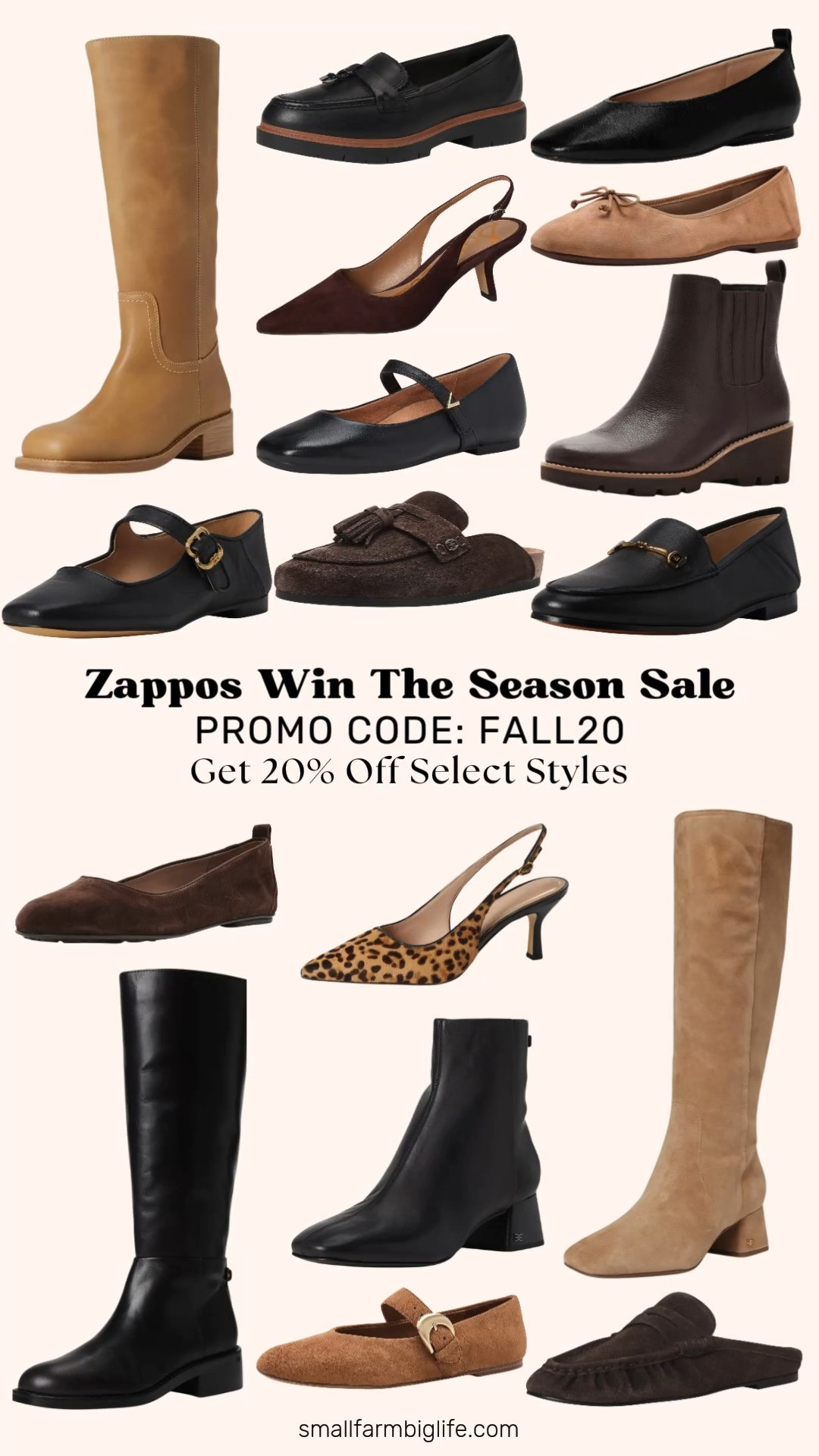 Zappos Win the Season Sale is here, their biggest sale of the year, and you can use code FALL20 for 20 percent off select styles from 9/27 through 9/29.

For flats and mules, the black leather Naturalizer 27 Edit Carla and the chocolate suede Naturalizer Ava Ballet Flat are both easy business casual workwear basics, and the chocolate brown suede Steve Madden Rafe Loafer Mules and the espresso bean suede Sam Edelman Astrid Loafer Mules bring a cozy, slip on option for fall.

The black leather Clarks Westlynn Bella and the cyprus tan Sam Edelman Alie are both comfortable everyday flats, and the black leather VIONIC Alameda Mary Janes add a sweet, classic detail.

For heels, the black leather Sam Edelman Loraine, the cafe noir Sam Edelman Bianka Sling, the cyprus tan Sam Edelman Porter, and the black leather Sam Edelman Michaela are all polished picks for a date night outfit or the office. The Leopard Print Hair Calf Cole Haan Hansell Sling Back Pumps add a fun statement print to the mix.

Rounding out the lineup, the banana leather Steve Madden Riggs, the dark brown leather VIONIC Aria 2.0 Wedge Bootie, the black leather Sam Edelman Paige Block Heel Bootie, the amber sand suede Circus NY by Sam Edelman Bella, and the black leather Sam Edelman Milla Boot are all great transitional shoes for autumn outfits.

Don't forget to use code FALL20 at checkout for 20 percent off select styles, all linked for you.

#zappos #shoes #fallfashion #falloutfits #businesscasual 

 #LTKOver40 #LTKSaleAlert #LTKWorkwear
