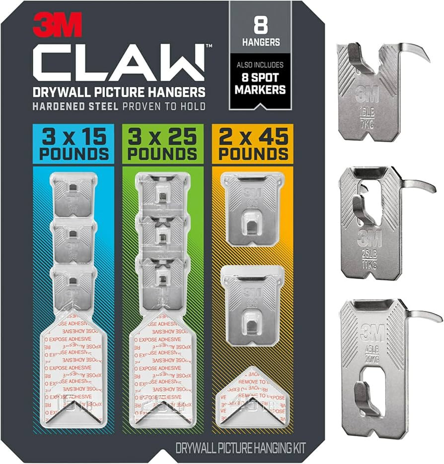 3M CLAW 15, 25 and 45 lb. Drywall Picture Hanger Variety Pack With Spot Markers, Heavyweight Hang... | Amazon (US)