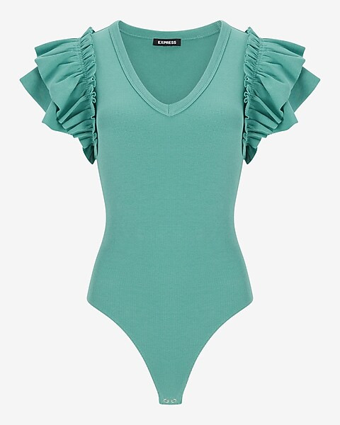 V-Neck Ruffle Sleeve Thong Bodysuit | Express