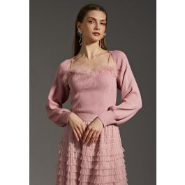 Feather Trim Cami Top and Sweater Sleeve Set in Pink | Chicwish