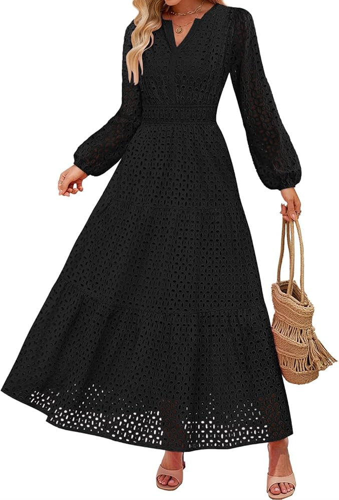 ZESICA Women's 2025 Fall Long Sleeve Maxi Dress V Neck Hollow Out Eyelet A Line Long Flowy Casual... | Amazon (US)